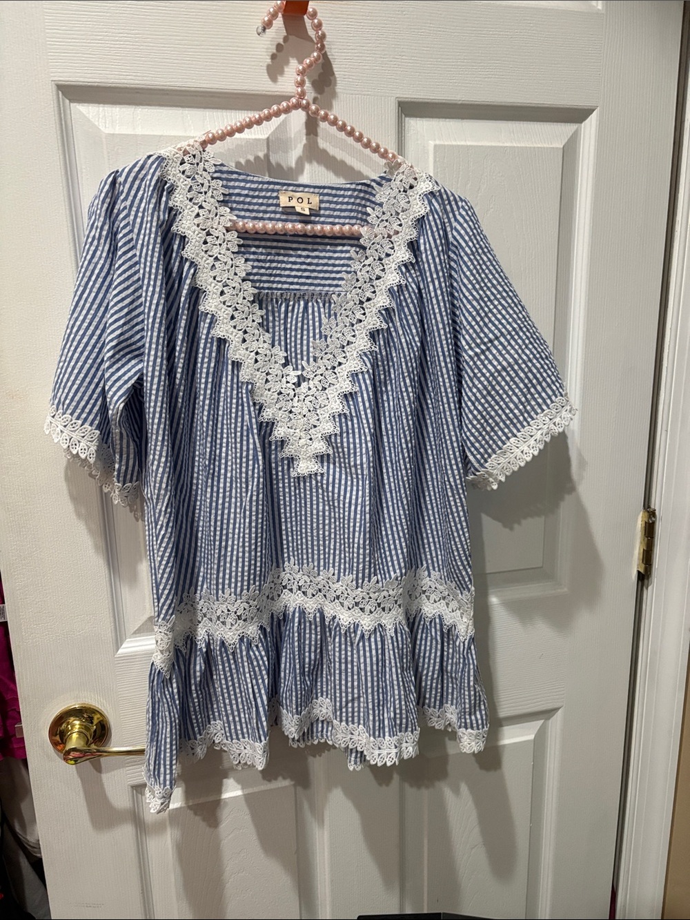 POL blue and white striped short sleeve v neck top with lace NWOT
